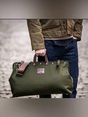 Olive Canvas Duffel Bag with Brown Leather Handles